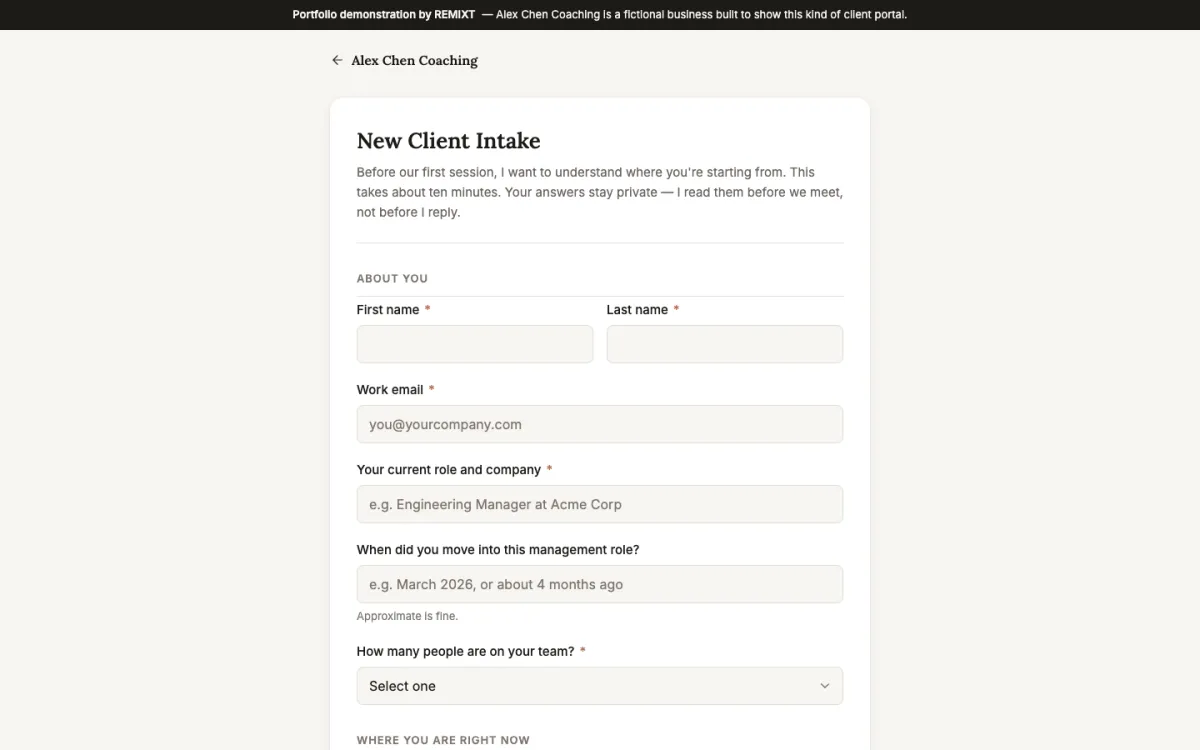 The Alex Chen Coaching portal's new-client intake form, under a banner marking it as a REMIXT portfolio demonstration.
