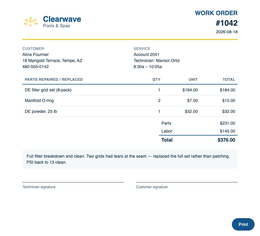 A printed work order from the app: customer, technician, parts replaced, labor and a total.