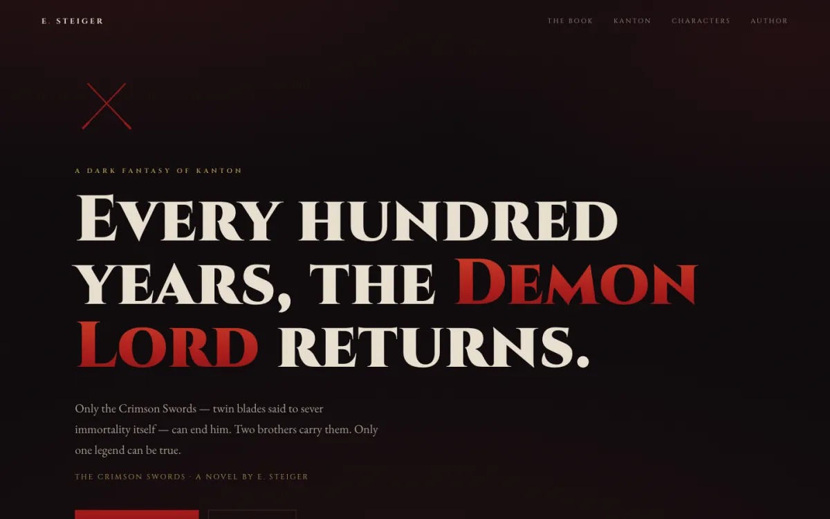 Emily Steiger's site for The Crimson Swords: 'Every hundred years, the Demon Lord returns.' in large serif type, the last words in crimson.