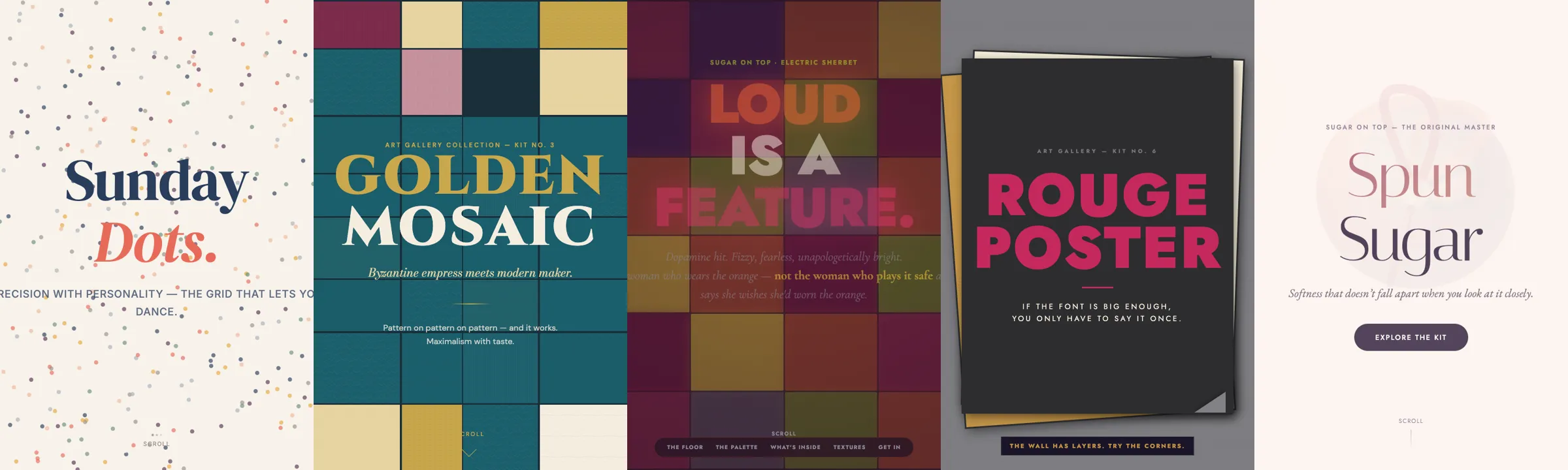 Five brand kits side by side: Sunday Dots, Golden Mosaic, Electric Sherbet, Rouge Poster and Spun Sugar.