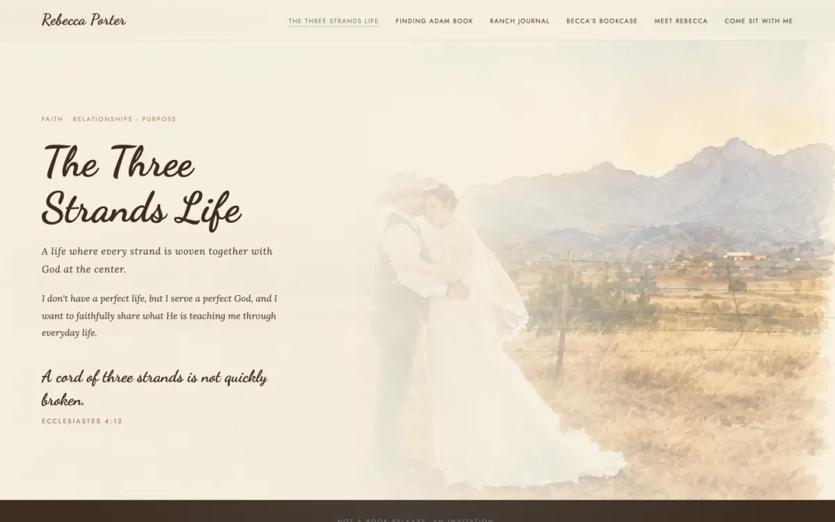 Rebecca Porter's home page: script lettering, 'The Three Strands Life', over a watercolor of a couple at a ranch fence.